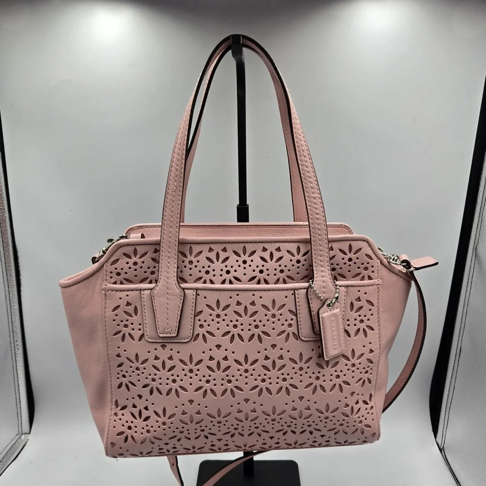 Pink Coach Taylor Eyelet Bette Leather Mini Tote Purse Laser Cut Floral Satin